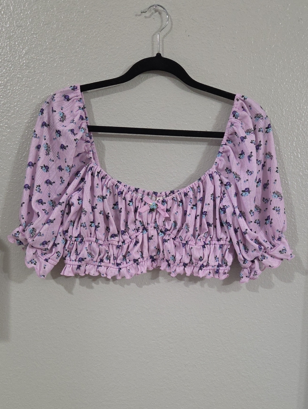 For Love And Lemons Lola Pointelle Lavender Floral Puff Sleeve Crop Top